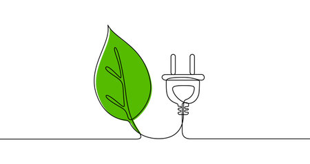 Electric plug with a leaf in one line art style. Drawing of eco energy with editable black stroke and green color fill on a white background. Vector illustration.のイラスト素材