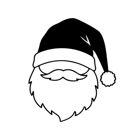 Black and white vector icon of a Santa Claus head in a hat with beard and mustache isolated on white background.のイラスト素材