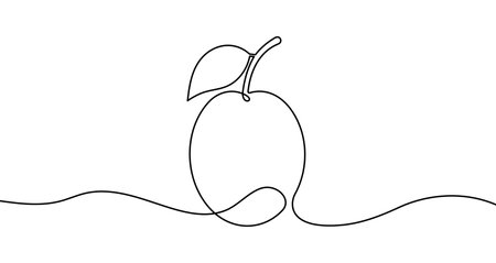 Plum in one line art style. Drawing of plum with editable black stroke on white background. Vector illustration.のイラスト素材