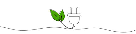 Electric plug with a green leaf in one line art style. Symbol of green energy with editable black...