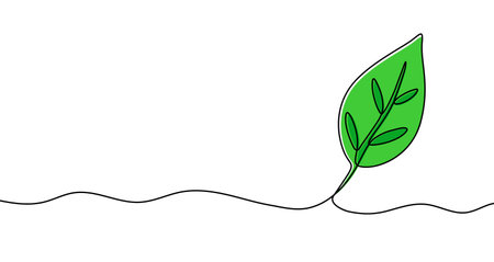 Single green leaf with veins growing from the ground in one line art style. Symbol of nature and ecology with editable black stroke. Vector illustration.のイラスト素材