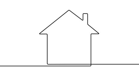 Simple house outline with a roof, chimney, and door in one line art style. Symbol of dwelling, real estate, home, and construction with an editable black stroke. Vector illustration.のイラスト素材