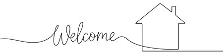 The word "Welcome" next to a house silhouette, drawn with one continuous line. Symbol of hospitality. Vector illustration.のイラスト素材