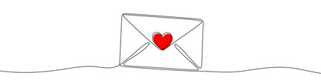 Envelope with a red heart. Continuous line drawing for love letters, romantic messages, and correspondence. Vector illustration for celebration.のイラスト素材