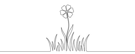 A stylized wildflower with petals on a tall stem growing among thick grass, symbolizing spring and the blooming of nature. Drawing in one line art style with editable black stroke. Vector illustration.のイラスト素材