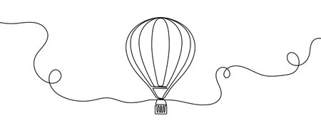 A hot air balloon with a basket in flight symbolizing the idea of travel and freedom. Drawing in one line art style with editable black stroke. Vector illustration.のイラスト素材