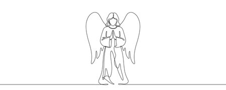 An angel with wings standing in a prayer pose, symbolizing faith, spirituality, protection, and Christmas. Drawing in one line art style with editable black stroke. Vector illustration.のイラスト素材