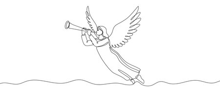 An angel with large wings flying and blowing a long trumpet, symbolizing good news, Christmas, divine proclamation, and spirituality. Drawing in one line art style with editable black stroke. Vector illustration.のイラスト素材