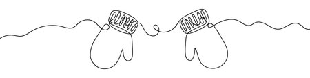 A pair of warm knitted mittens on a wavy line. Drawing in one line art style with editable black stroke. Vector illustration.のイラスト素材