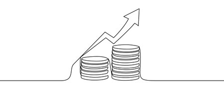 Stacks of coins and a growth arrow in line art style. Minimalist drawing symbolizing financial success and capital accumulation, made in a continuous line. Vector illustration.のイラスト素材