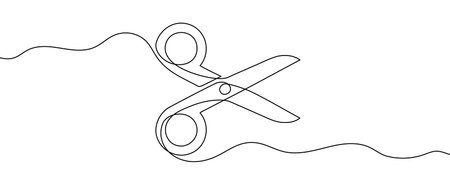 Scissors in one line art style. Scissors drawing with editable black stroke on white background. Vector illustration.のイラスト素材