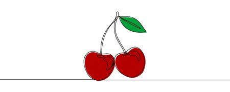 Cherries in one line art style. Drawing of two cherry berries with a leaf and editable black stroke on white background. Vector illustration.のイラスト素材