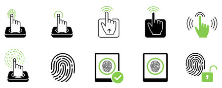 A set of icons for biometric authentication. Graphic set in black and green colors, which symbolizes access and security. Vector illustration.のイラスト素材