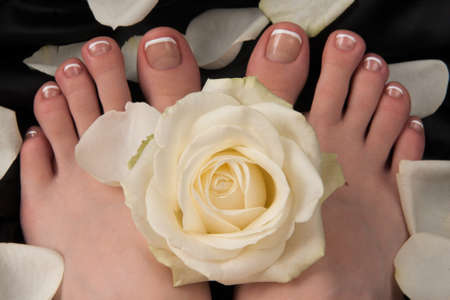 Pedicure with a white roseの写真素材