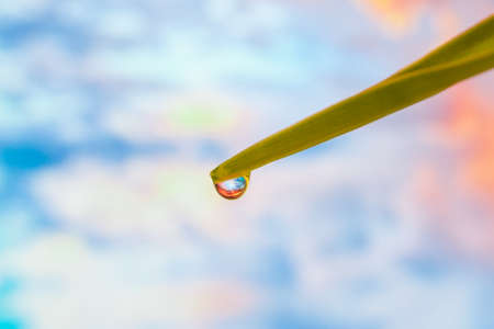 Reflection of the sky in a drop of waterの写真素材