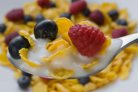 Fresh blueberries and raspberries with corn flakes with diet yogurtの写真素材
