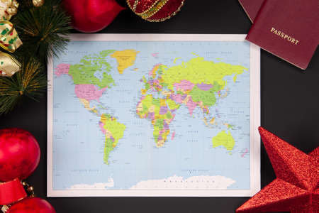 World map with passport on christmas background top viewの写真素材