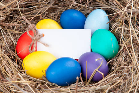 Multicolored eggs with a note in the hay. Mock up, concept easter.の写真素材