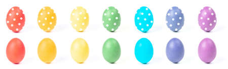 Multi-colored eggs with a pattern isolated on a white background. Easter concept.の写真素材