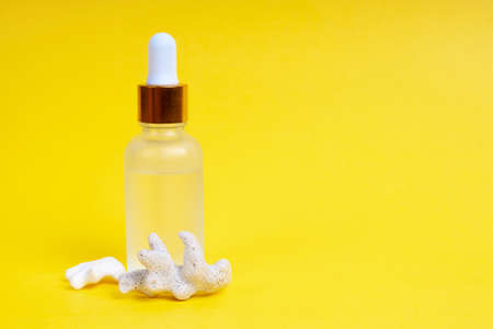Face care in a glass dropper bottle with sea coral on a yellow background. Skin care concept.の写真素材