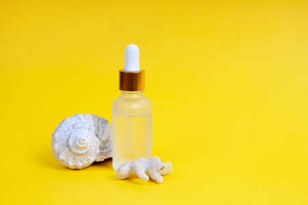 Face care in a glass dropper bottle with sea shell and coral on a yellow background. Skin care concept.の写真素材