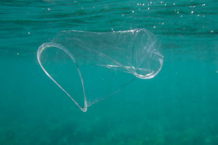 Plastic cup underwater in the ocean. Environmental pollution concept.の写真素材