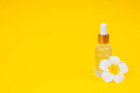 Banner for website cosmetic oil in dropper bottle on yellow background with place for text.の写真素材