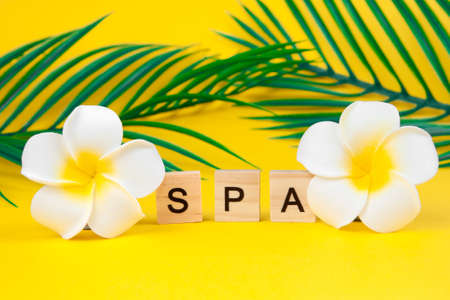 Plumeria flowers with palm leaves and with the text "spa" on a yellow background. Skin care and relaxation concept.の写真素材