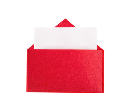 Red open envelope with a sheet of paper with mock-up on a isolated background with copyspace. Valentines day holidays concept and love notesの写真素材