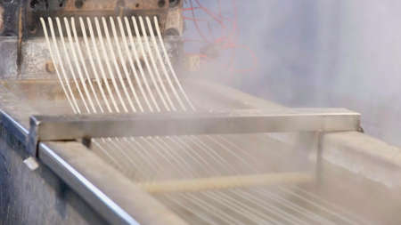 Recycled molten plastic comes out of the extruder machine Concept of recycling, plastic, industry, factories. Continuous extrusion with cooling in water to be processed into a pellet.の写真素材