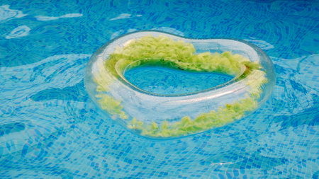 Floating rubber heart in water pool of crystal clean water surface. The concept of summer holidays,...