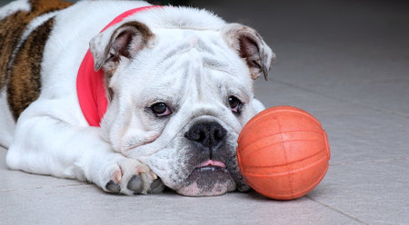 A young English bulldog lies on the floor and looks at the camera with sad eyes next to an orange play ball. Pet health concept.の写真素材