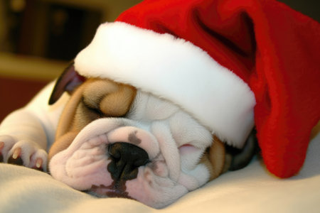 English bulldog wearing santa hat sleeping. Christmas holiday conceptの素材