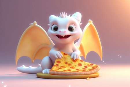 Cute cartoon dragon eats a piece of pizza. Illustration of an animal for menu and prints. Little cute dinosaur with a slice of pizza smiling and looking at the camera. Chinese New Year conceptの素材
