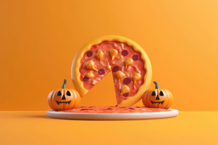 Halloween pizza, holiday food menu. Jack pumpkin smiles next to the pizza. Halloween pumpkins with fire background Generative AI. Place for text. Copyspaceの素材