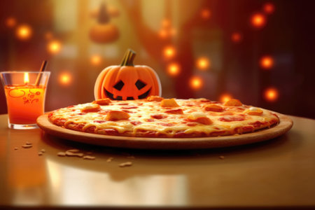 Halloween pizza, holiday food menu. Jack pumpkin smiles next to the pizza. Halloween pumpkins with fire background Generative AI. Place for text. Copyspaceの素材