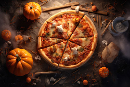Halloween pizza, holiday food menu. Jack pumpkin smiles next to the pizza. Halloween pumpkins with fire background Generative AI. Place for text. Copyspaceの素材