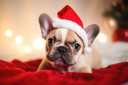 Cute French bulldog wearing santa hat on the christmas tree backgroundの素材