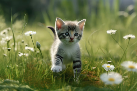 Funny playful hungry curious tabby kitten walks on grass with flowers outdoors in the garden and looks around. Pet care, healthy eating conceptの素材