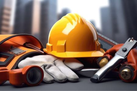 Yellow plastic helmet for workers security with tools lie on windowsill of window frame against multistories house. Copy space fot text. Construction conceptの素材