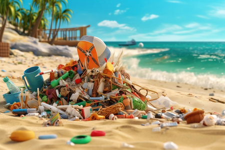 Garbage on the beach of the big city on the beach. Empty used dirty plastic bottles. Dirty sea sandy shore. Environmental pollution. Ecological problem.の素材