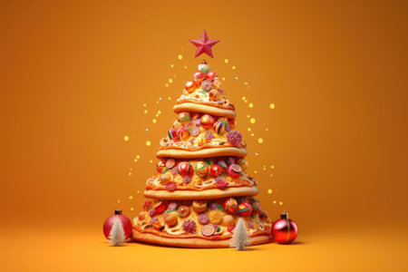 Christmas composition with a Christmas tree of pizza. Christmas pizza for the menu. Winter holiday food with space for text. Copyspaceの素材