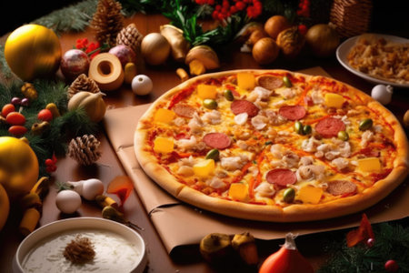 Christmas pizza lies on the table with Christmas decorations, gifts, spruce, toysの素材