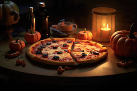 Halloween pizza, holiday food menu. Halloween pumpkins. Place for text. Copyspace.の素材