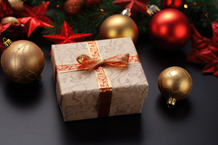 Luxury New Year gift. Christmas gift. Happy New Year. Christmas background with gift box. Christmastime celebration. Space for text.の素材