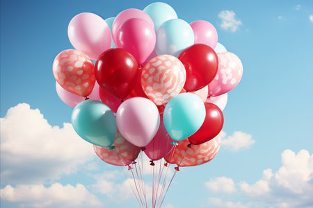 Romantic Valentines Day Balloons Drifting in a Dreamy Blue Sky, Embodying Love and Happinessの素材