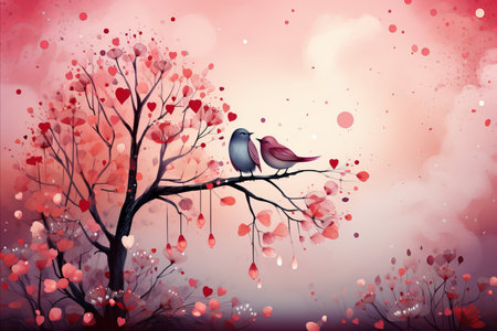 Whimsical Love Birds. Adorable Avian Couple Embraced by Vibrant Hearts and Blooming Flowersの素材