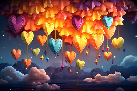 Vibrant Heart Rain. Stunning Illustration of Colorful Heart-Shaped Raindrops Cascading from the Skyの素材