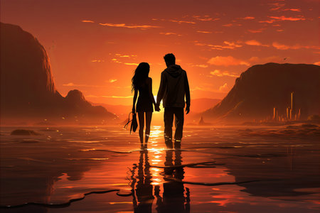 Romantic Beach. Serene scene of a couple strolling hand in hand along the beautiful shorelineの素材