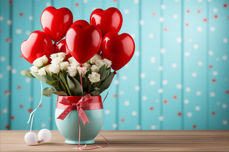 Valentines day. Red hearts balloons with white roses. Place for textの素材